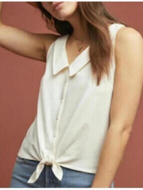 ATHROPOLOGIE Biloxi Collared Tie Front Sleeveless Top White Ivory Peter Pan M